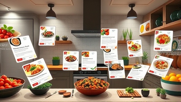 An artistic digital representation of a virtual kitchen environment with floating recipe cards showcasing diverse cuisines and ingredients, surrounded by AI-generated flavor profiles and cooking tips, illustrating the personalized and interactive nature of TasteGenie AI's recipe platform in a visually captivating manner.