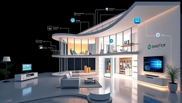 A futuristic smart home layout featuring interconnected modules controlling lighting, security cameras, thermostat settings, and entertainment systems, illustrating the convenience and sophistication of SmartLiving Solutions' integrated smart home technology.