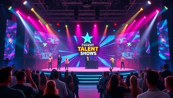An engaging virtual talent show stage with colorful lights, a digital screen displaying talent performances, and a virtual audience cheering and voting, capturing the excitement and energy of TalentWave's online talent shows.