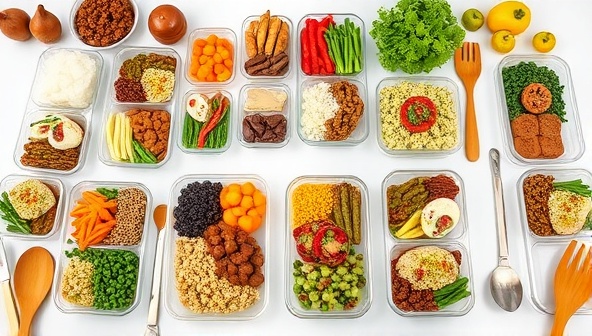 A visually appealing meal prep scene with rows of neatly arranged meal containers filled with colorful and nutritious dishes, accompanied by fresh ingredients and cooking utensils, showcasing the convenience and variety of Meal Maven's personalized meal planning service.