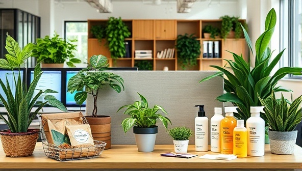 An office setting with recyclable materials, green plants, and sustainable products, reflecting an environmentally friendly workspace that aligns with the values of sustainable business consulting.