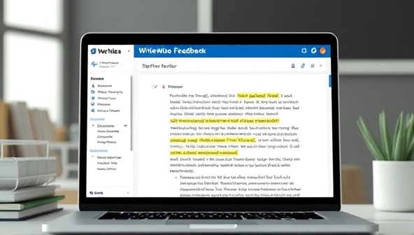 A digital mockup of the WriteWise Feedback platform interface, featuring a writer receiving detailed feedback and suggestions on their work from an expert reviewer, with highlighted sections, comments, and actionable insights displayed on the screen, illustrating the platform's personalized and constructive critique process.