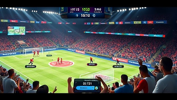 An animated virtual sports arena showcasing a thrilling match between two simulated teams, with cheering virtual fans, dynamic gameplay visuals, and betting odds displayed on the screen, capturing the excitement and immersion of VirtuaBet League's virtual sports experience.