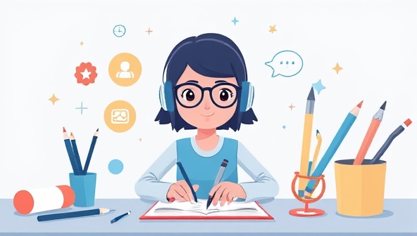 An animated visual representation of a virtual assistant surrounded by writing tools, suggesting AI-powered creativity and support for writers.