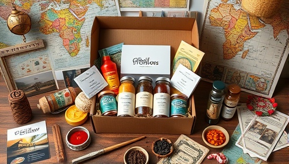 An artistic composition featuring a beautifully arranged GlobalFlavors Box filled with exotic spices, unique ingredients, and recipe cards from a specific country, surrounded by cultural artifacts, maps, and travel souvenirs, evoking a sense of culinary wanderlust and cultural immersion.