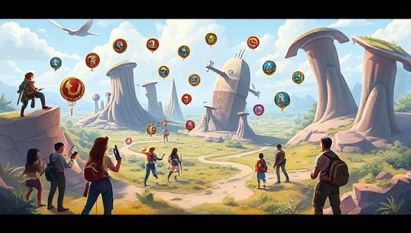 An immersive digital landscape featuring a diverse group of characters engaged in various design challenges and quests, with colorful badges and rewards floating in the air, illustrating the gamified learning experience offered by DesignQuest Academy.