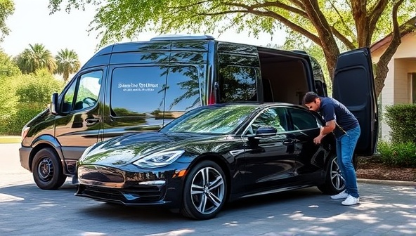 A sleek mobile detailing van parked in a driveway, with professional detailers meticulously cleaning and polishing a luxury car under the shade of a tree, showcasing the convenience and expertise of ShineOn Wheels' mobile service.