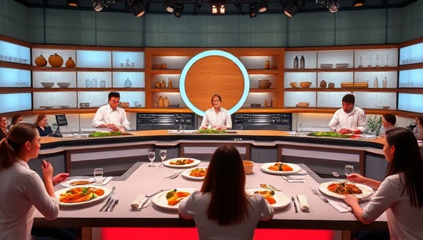 An online cooking competition setting with virtual kitchens, contestants preparing dishes under time pressure, judges tasting and evaluating the dishes, and a digital audience cheering and voting for their favorite recipes, creating a vibrant and interactive culinary experience in a virtual world.