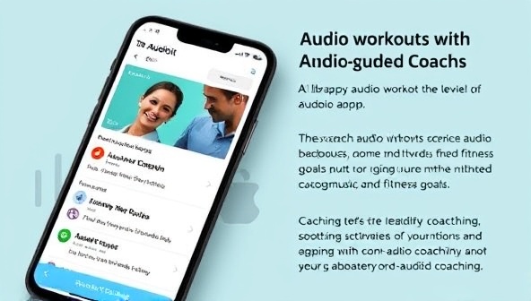 A mobile screen displaying the AudioFit Coach app interface, with a library of audio workouts categorized by intensity levels, duration, and fitness goals, accompanied by soothing background music and motivational cues, highlighting the convenience and effectiveness of audio-guided coaching.