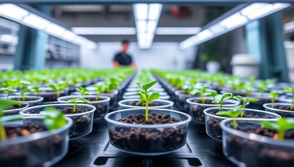 A modern, sleek lab setup with tiny plantlets growing in petri dishes under LED grow lights, conveying innovation and precision in plant propagation.