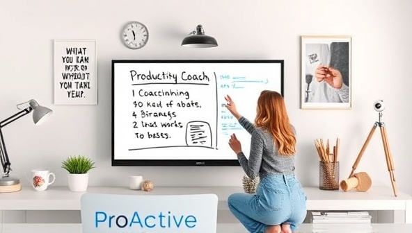 A virtual workspace setup displaying a coaching session in progress with a productivity coach guiding a client through remote work strategies on a digital whiteboard, surrounded by motivational quotes and productivity tools, symbolizing efficiency and growth in virtual work performance at ProActive Remote.
