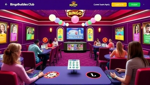 An interactive bingo room interface on BingoBuddies Club showcasing players chatting, playing bingo, and customizing their avatars, creating a vibrant and social gaming community atmosphere within the platform.