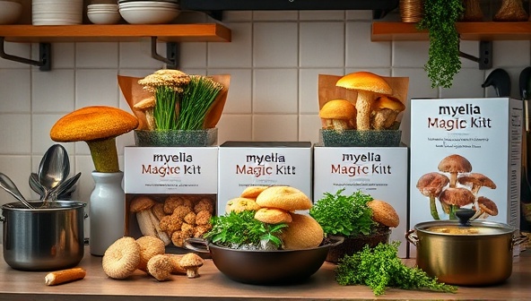 An indoor kitchen setup with a showcase of various gourmet mushroom species growing in Mycelia Magic kits, surrounded by cooking utensils and fresh herbs, evoking the joy of homegrown mushrooms and culinary creativity in a cozy culinary environment.