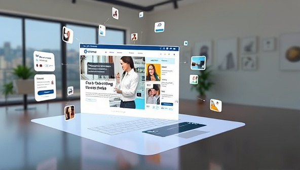 An augmented reality view of a website design projected onto a physical space, with interactive elements and customization options floating around, demonstrating the immersive and practical features of AR WebVisions, appealing to businesses seeking innovative web design solutions.