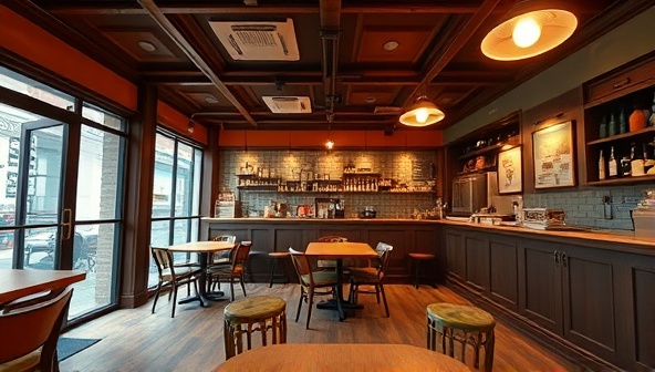An interactive virtual tour interface showing a cozy cafe interior with clickable hotspots for menu items and ambiance, inviting viewers to explore the space virtually and engage with the business.