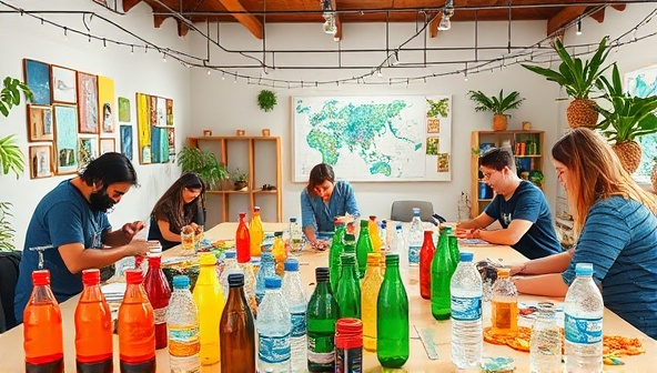 An interactive image displaying a workshop setting with participants creatively upcycling plastic bottles, containers, and packaging materials into colorful artworks and functional objects, surrounded by a vibrant and eco-friendly atmosphere that promotes sustainability and hands-on learning.