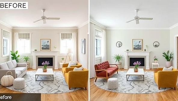 An inviting virtual room design with before-and-after visuals, showcasing the transformative impact of a virtual interior design consultation on a space, highlighting style, functionality, and creativity.
