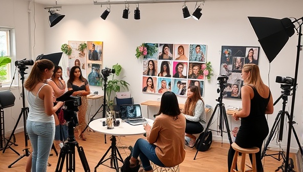 A creative studio environment with beauty content creators brainstorming ideas, filming makeup tutorials, and styling beauty shots, surrounded by cameras, lighting equipment, and a vibrant mood board, representing a dynamic and collaborative space for beauty content creation.