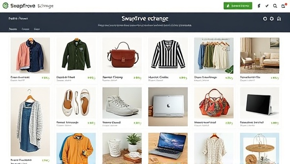 An online platform interface showcasing a variety of items available for swapping, from clothing and accessories to home goods and electronics, illustrating the diverse exchange opportunities within SwapTrove Exchange.