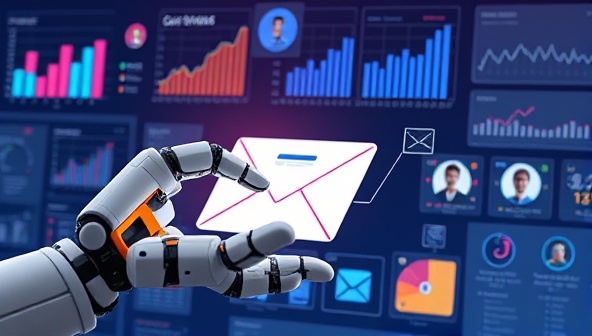 An AI-powered robot hand composing an email on a digital device, surrounded by data analytics charts and personalized customer profiles, illustrating the intelligent automation and customization of email campaigns.