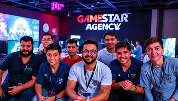 An engaging image of gaming influencers and eSports professionals represented by GameStar Agency, attending industry events, creating content, and collaborating with brands, with a dynamic and diverse group of talent highlighted in a vibrant and energetic gaming backdrop, reflecting the influence and reach of GameStar Agency's gaming talent representation services.