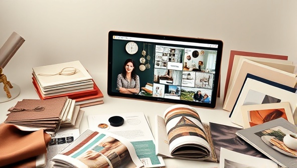 An aesthetically pleasing virtual interior design consultation session with a designer presenting mood boards and design concepts on a digital platform, surrounded by fabric swatches, paint samples, and home decor catalogs, creating a stylish and inspirational design atmosphere.