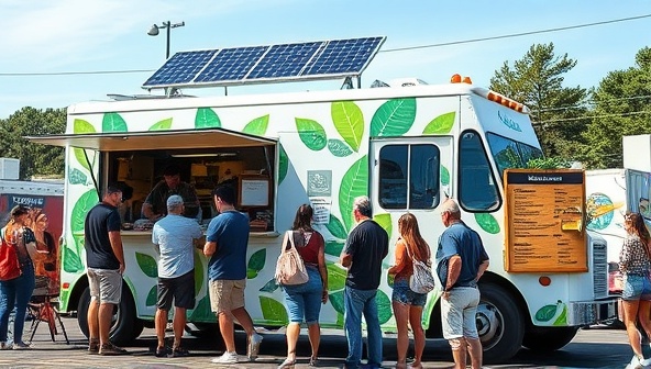 A vibrant food truck exterior adorned with green leafy designs, solar panels on the roof, a line of customers eagerly waiting to order, and a menu board highlighting plant-based specialties, conveying a trendy and eco-friendly dining experience on wheels.