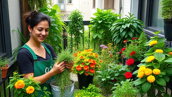 An urban balcony garden filled with lush green plants and colorful edible flowers, with a person harvesting fresh herbs and smiling, conveying a sense of freshness and sustainability.
