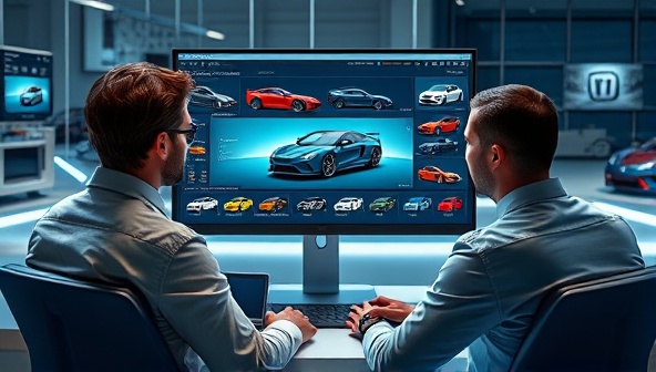 An artistic depiction of a virtual car customization session, with a client interacting with a consultant through a computer screen displaying 3D car models, color palettes, and accessory options, illustrating creativity and personalization in automotive design.