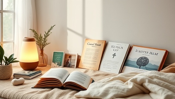A serene and tranquil self-care space with a cozy reading nook, a calming essential oil diffuser, soft blankets, and a selection of self-help books and mental wellness resources, inviting viewers to unwind, reflect, and prioritize their mental health.