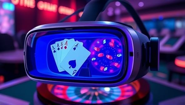 A futuristic VR headset displaying a virtual casino environment with digital cards, chips, and a roulette wheel, showcasing the cutting-edge technology and immersive experience of VR gambling.