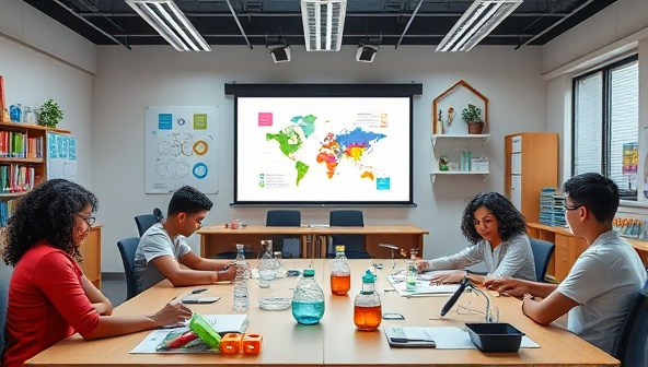 A dynamic virtual classroom setting with engaging STEM visuals, interactive learning tools, and enthusiastic tutors guiding students through hands-on experiments and problem-solving activities, creating a stimulating and educational environment.