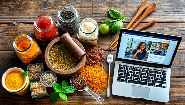 An artistic image of various colorful spices in glass jars, arranged in a visually appealing pattern on a wooden table, with mortar and pestle, blending tools, and a laptop displaying a virtual class session, symbolizing creativity and learning in the culinary world.