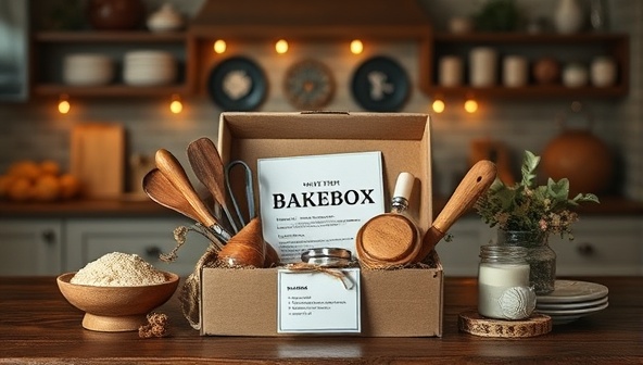 A cozy kitchen scene with a beautifully arranged BakeBox, featuring rustic baking tools, fresh ingredients, and a recipe card, surrounded by warm lighting and decorative elements, invoking a sense of anticipation and creativity.