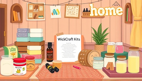 An illustration of a cozy crafting corner with WickCraft Kits' candle making supplies neatly arranged, featuring colorful wax blocks, essential oils, and decorative jars, highlighting the creative and therapeutic aspects of candle crafting at home.