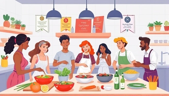 A vibrant digital illustration showcasing a virtual kitchen space with diverse individuals cooking together, exchanging culinary tips, and tasting dishes, surrounded by fresh ingredients, culinary tools, and culinary school banners, conveying a sense of culinary exploration and community bonding.