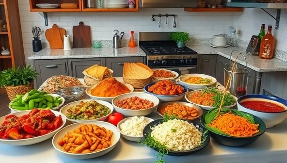 An inviting kitchen scene with a diverse array of homemade meals neatly arranged on a table, showcasing vibrant colors and fresh ingredients, evoking a sense of community and culinary diversity.