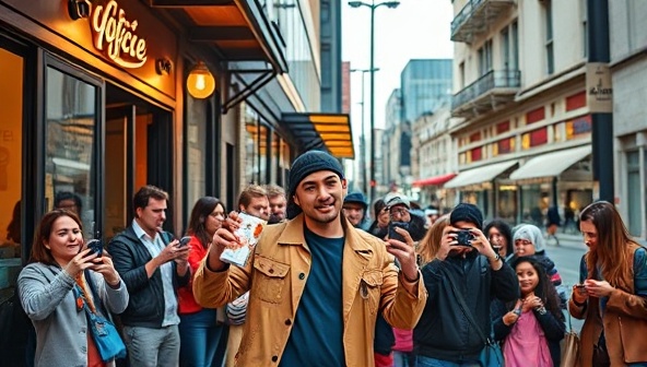 An urban street scene featuring a local influencer posing with a product outside a trendy cafe, with a crowd of engaged followers capturing the moment, illustrating the power of local influence and community engagement.