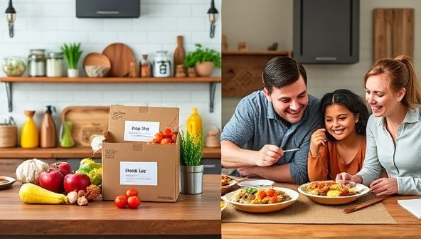 A virtual kitchen setup showcasing a variety of allergy-friendly ingredients, a personalized meal kit box with a clear allergen-free label, and a family enjoying a safe and delicious meal together, highlighting the convenience and peace of mind provided by AllergySmart Eats for individuals with dietary restrictions.