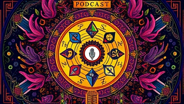 An intriguing podcast cover art featuring vibrant colors, intricate designs, and symbolic imagery that captures the essence of storytelling and audio immersion, enticing listeners to explore new narratives.