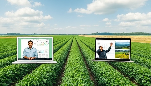 A dynamic digital landscape showcasing AgriPro Advisory's virtual consulting service, with agricultural experts engaging with farmers via video calls, data analytics dashboards, and virtual farm tours, demonstrating the future of remote agricultural consulting.
