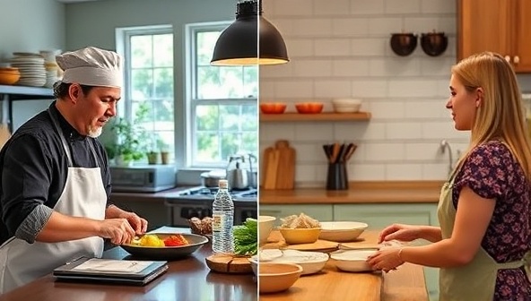 A split-screen image showcasing a chef conducting a virtual cooking class on one side and a participant following along eagerly in their kitchen on the other side, capturing the interactive and educational nature of the platform.