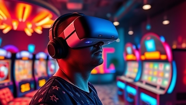 An immersive image of a player wearing a VR headset and interacting with virtual casino games surrounded by futuristic digital elements and vibrant colors, highlighting the innovative and captivating experience of VR Casino Quest.