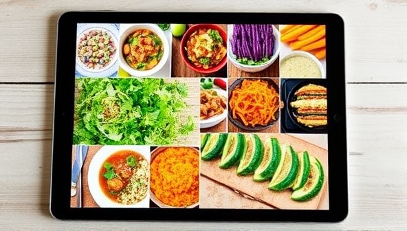 An enticing collage of colorful, healthy dishes arranged on a digital tablet screen, showcasing a variety of meal options available through the FitFuel Recipes subscription service, evoking appetite and wellness.