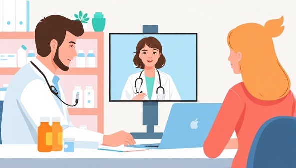 An illustration of a virtual pharmacist conducting a video consultation with a patient, with medication bottles and a laptop visible on the desk, representing the convenient and personalized care provided by TelePharmaCare for remote healthcare interactions.