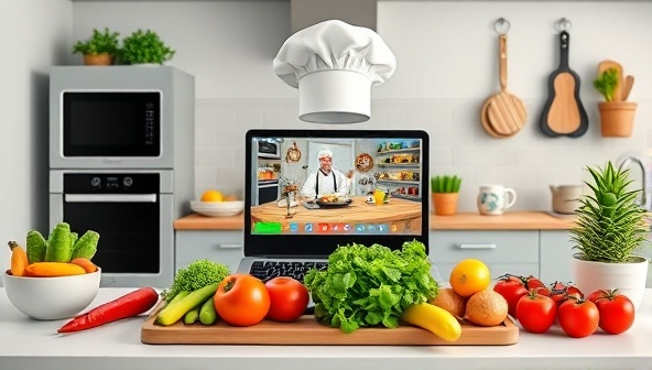 A vibrant and colorful virtual kitchen setup with a laptop showing a live cooking class, a variety of fresh ingredients neatly arranged, and a chef's hat and apron hanging on a hook, inspiring a fun and interactive cooking experience.