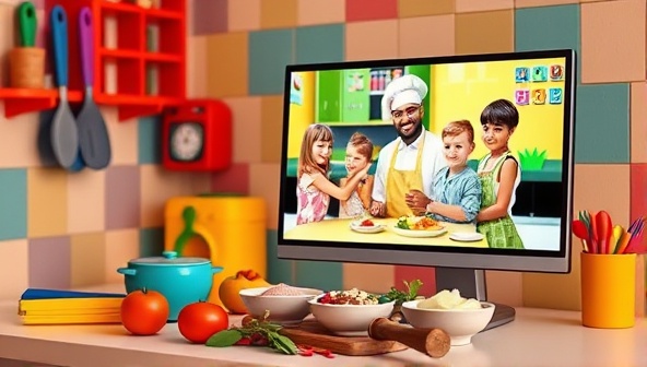 A colorful and vibrant kitchen setting with kid-sized cooking utensils, ingredients neatly arranged, and a computer screen displaying a virtual cooking class with cheerful, engaged children following the chef's instructions, illustrating a fun and educational experience.