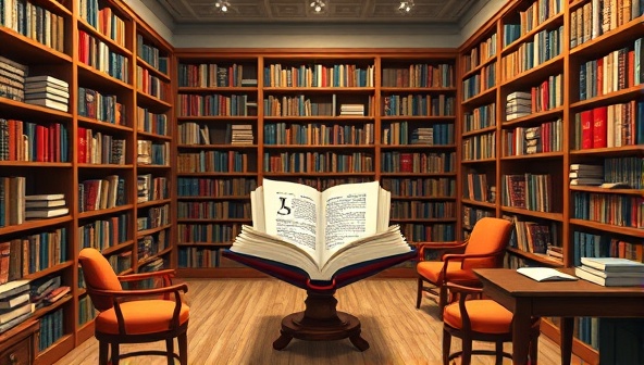 A virtual library room filled with shelves of niche books and manuscripts, with a newsletter popping out of a book, symbolizing curated insights and exclusive content tailored to specific writing niches, surrounded by cozy reading chairs and writing desks, inviting subscribers to immerse themselves in specialized knowledge and updates.
