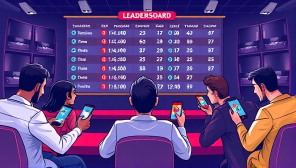 An illustration of a group of players engaging in a live trivia betting game on their devices, with a leaderboard showing scores and betting outcomes in real-time.