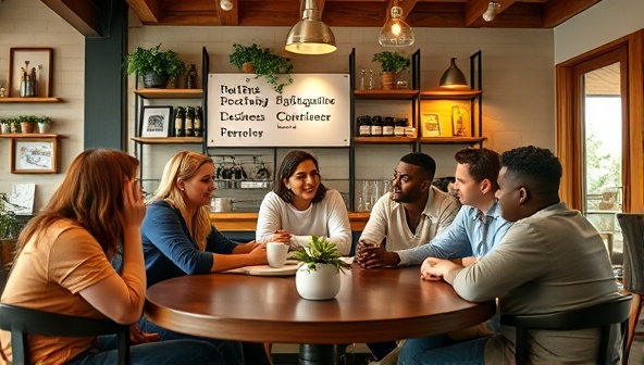 A vibrant and diverse group of influencers and business owners gathered in a local cafe, discussing marketing strategies and content ideas, showcasing collaboration and community engagement.